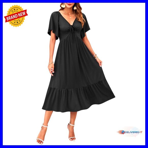 Dresses & Skirts - Summer Empire Waist Midi Dress V Neck Flutter Sleeve Casual Tiered